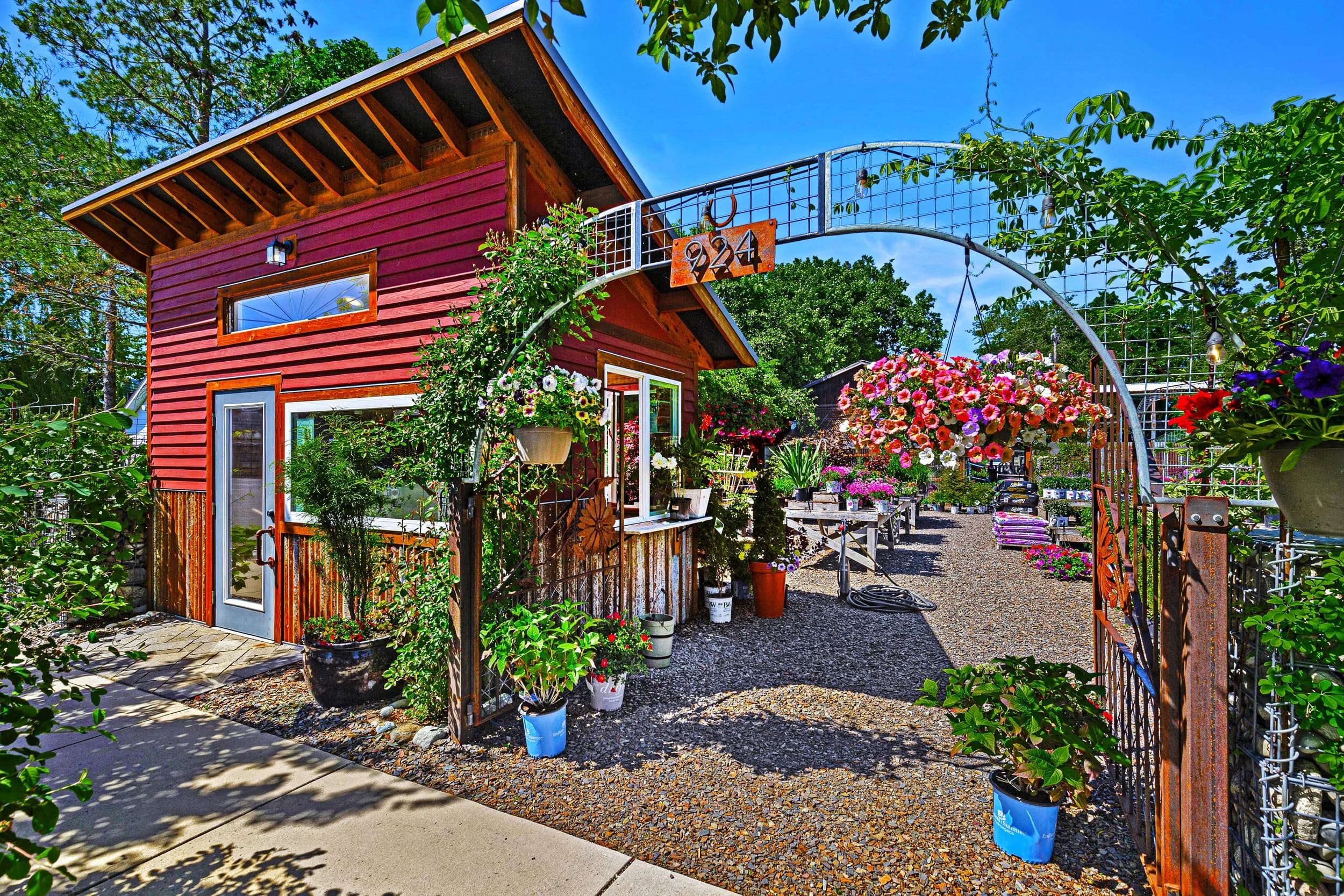 Aster Gardens - a lush garden center with native plants, outdoor seating areas, and beautiful landscaping where Blackbird's restaurant is located